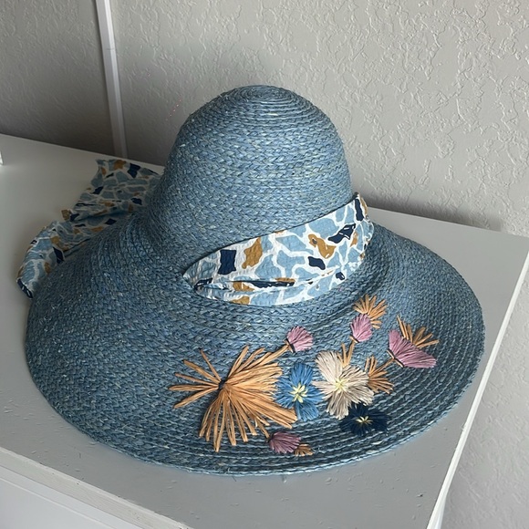 Lele SadoughiAzalea Flower-Embroidered Blue Straw Hat - Picture 3 of 11